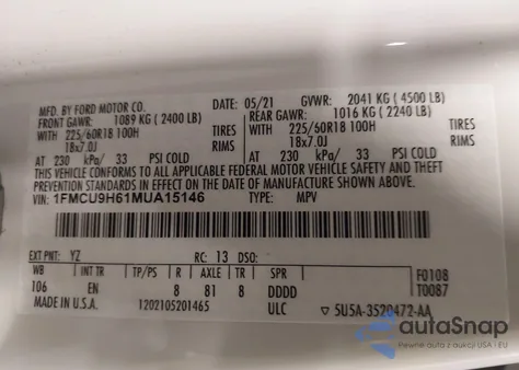 2021 Ford Escape Sel z USA, uszkodzony, nr VIN 1FMCU9H61MUA15146